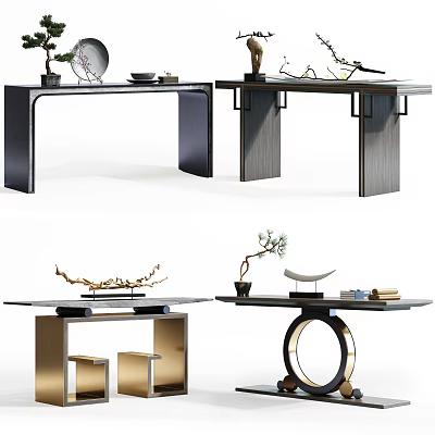 Modern Chinese Style Console Table With Wooden Metal Frame Decorative Plants And Geometric Design 3d model