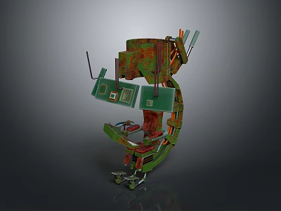 Mechanical Industrial Equipment With Rustic Green Red Parts Control Panels Metal Arms And Mobile Wheels 3d model