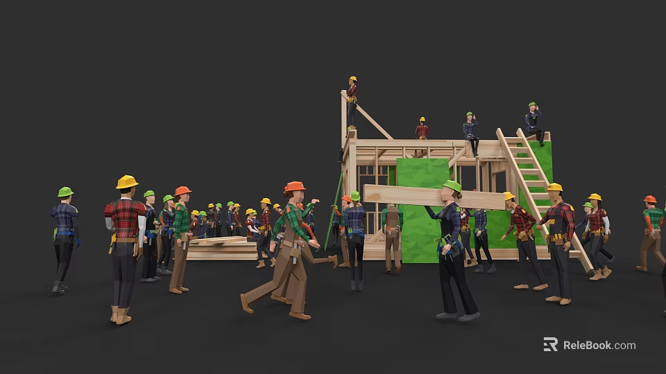Workers in Hard Hats Constructing Wooden Frame at Building Construction Site 3d model 