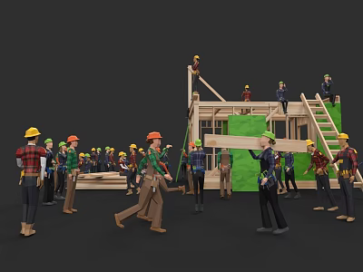 Workers in Hard Hats Constructing Wooden Frame at Building Construction Site 3d model