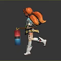 Game Anime Character with Orange Long Hair Blue White Outfit Yellow Skirt Holding Colorful Box
