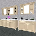 Double Beige Bathroom Vanities With Cabinets Mirrors Gray Wall And Dark Tiles