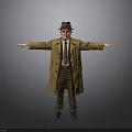 A Man Wearing a Hat and Trench Coat With Arms Outstretched Against Gray Background