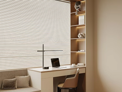 Home Office Storage Shelf With Window Blinds Desk Laptop Books And Decorative Pieces 3d model