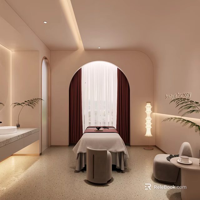 Luxury SPA Interior Featuring Massage Bed Arch Window Red Curtains And Green Plants 3d model 