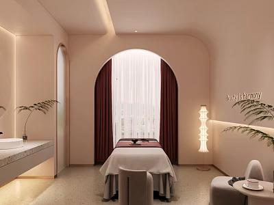Luxury SPA Interior Featuring Massage Bed Arch Window Red Curtains And Green Plants 3d model