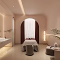 Luxury SPA Interior Featuring Massage Bed Arch Window Red Curtains And Green Plants