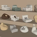 Various Styles Bean Bag Chairs In Different Colors Displayed On Shelves
