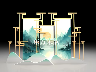 Oriental Themed Photo Check In Spot With Golden Frame And Mountain Water Landscape 3d model