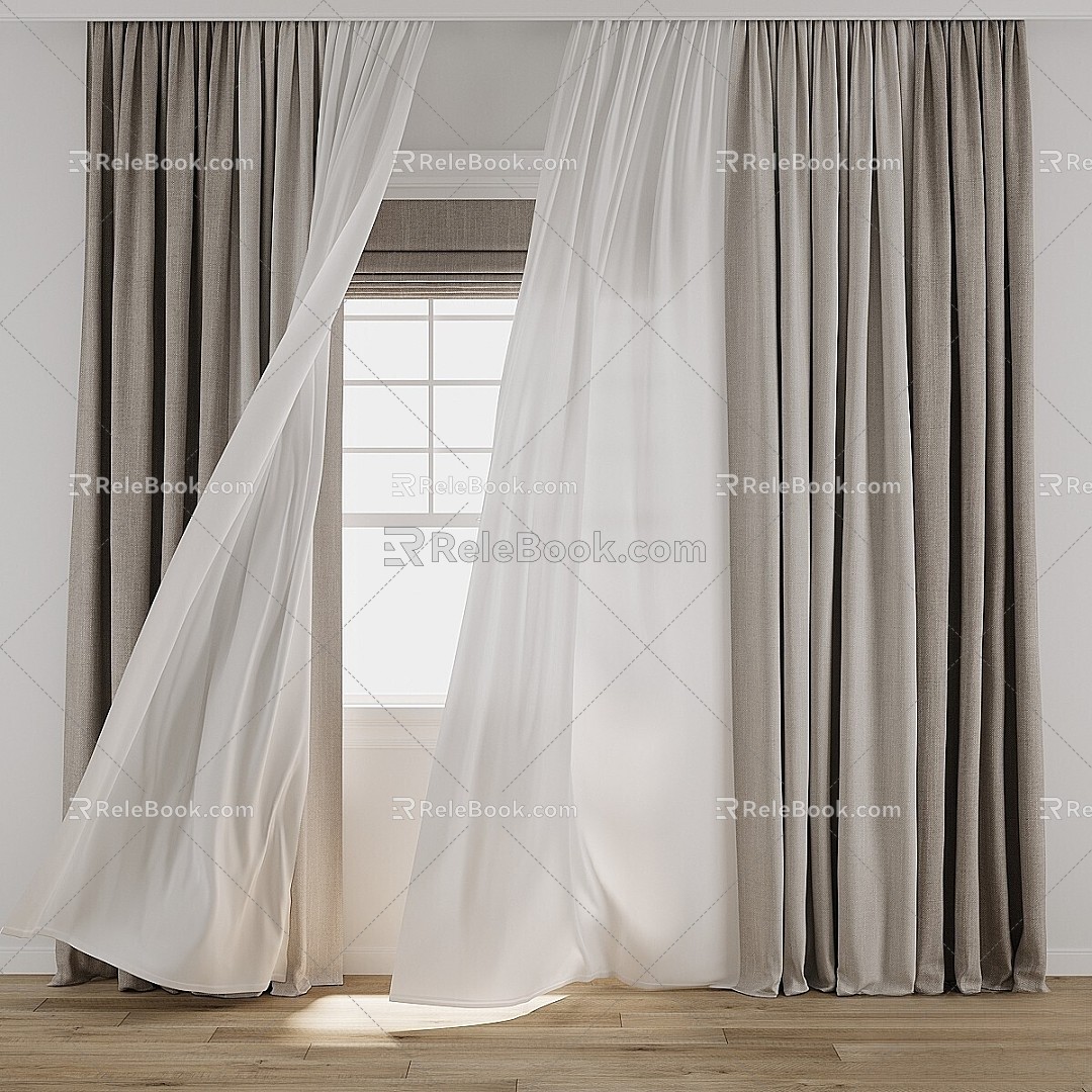 Curtain Curtain Tulle Wind Blown Window 3d model