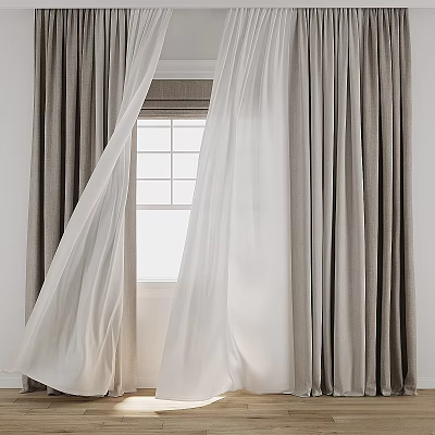 Layered Gray Linen Curtains With White Sheer Panels For Natural Light Window 3d model