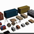 Industrial Equipment Including Colorful Containers Wooden Crates Metal Frames And Gas Cylinders