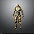 Muscular Anthropomorphic Cheetah Creature Standing In Dark Background With Spotted Fur