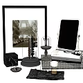 Decorative Ornament Combination With Picture Frame Phone Stand Stacked Books Marble Accents And Checkered Base