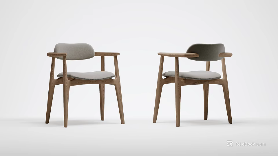 Modern Wooden Frame Dining Chairs With Gray Upholstered Seats And Armrests 3d model 