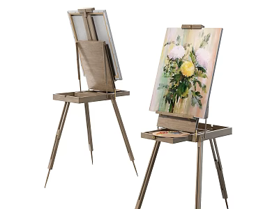 Oil Painting Of Colorful Flower Bouquet On Wooden Easel With Canvas And Palette 3d model