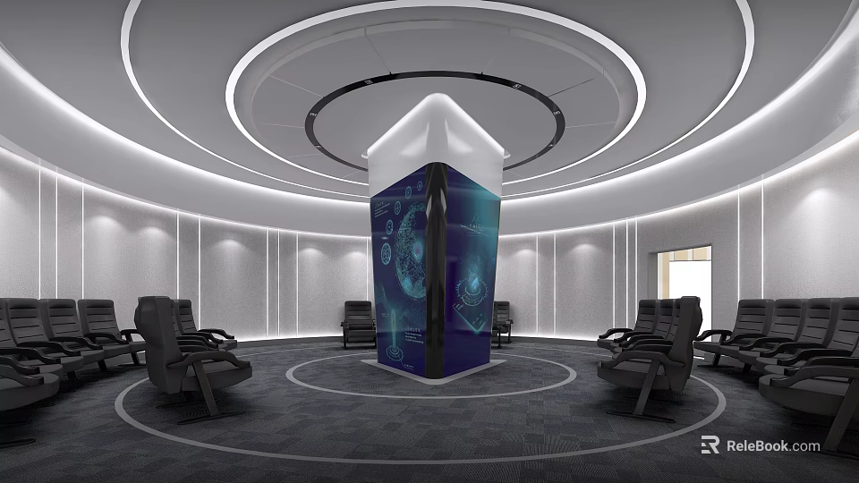 Modern Cultural Center Interior With Circular Ceiling Central Display Pillar And Tech Inspired Graphics 3d model 