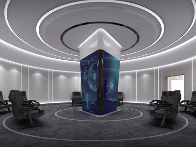 Modern Cultural Center Interior With Circular Ceiling Central Display Pillar And Tech Inspired Graphics 3d model