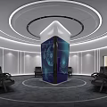 Modern Cultural Center Interior With Circular Ceiling Central Display Pillar And Tech Inspired Graphics 3d model