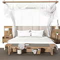 Double Bed With Hanging White Mosquito Net Wooden Frame White Sheets And Bedside Tables