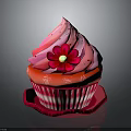 Decorative Pink Cupcake With Pink Frosting Red Flower And Striped Tray Design