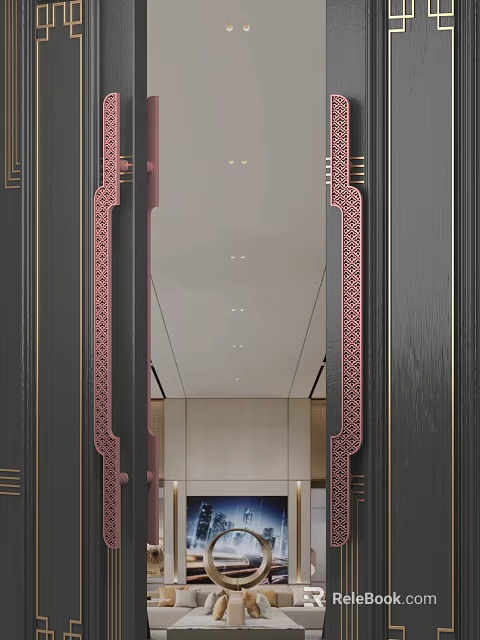 Traditional Carved Red Door Handle On Black Wooden Indoor Entrance Door Design 3d model 