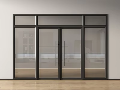 Modern Double Glass Doors With Black Frame In Interior Wooden Floor Setting 3d model