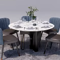 Modern Round Dining Table Set With Six Blue Chairs White Dinnerware And Green Plant 3d model