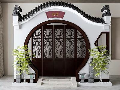 Chinese Traditional Circular Door Arch with Tile Roof Red Plaque Carved Design and Bamboo Plants 3d model