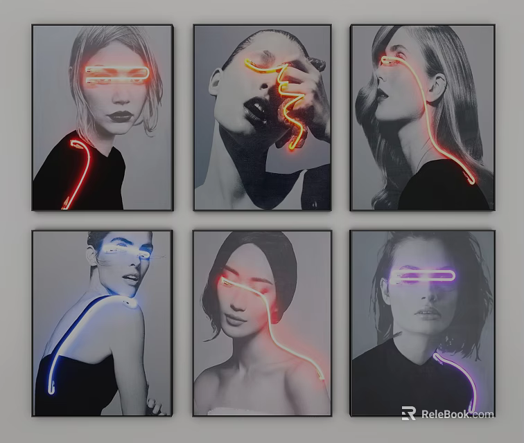 Creative Black And White Portrait Paintings With Vibrant Neon Line Details 3d model 