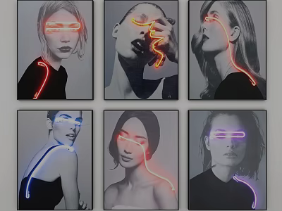 Creative Black And White Portrait Paintings With Vibrant Neon Line Details 3d model