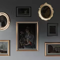 Central Oil Painting of Woman Holding Flower Bouquet with Various Framed Artworks on Wall