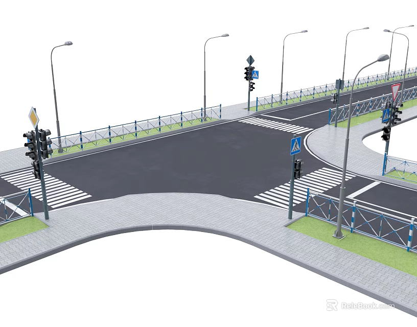 Road Facilities at Urban Intersection with Traffic Lights Street Lamps Crosswalks and Safety Railings 3d model 