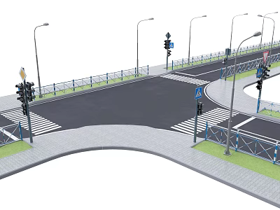 Road Facilities at Urban Intersection with Traffic Lights Street Lamps Crosswalks and Safety Railings 3d model
