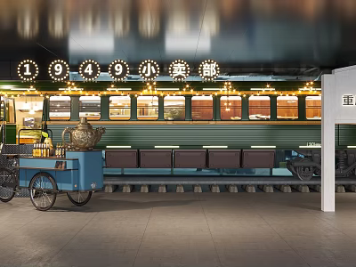 Mall Shop With 1908 Neon Sign Open Windows Counter Blue Cart Benches And Light Decor 3d model