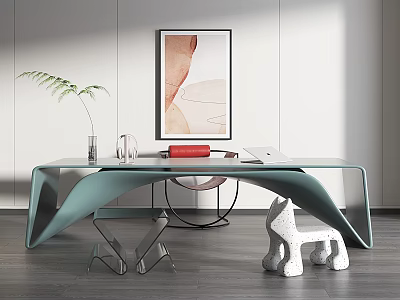 Modern Teal Curved Desk With Green Plant Vase Red Book Abstract Painting And White Ornament 3d model