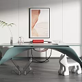 Modern Teal Curved Desk With Green Plant Vase Red Book Abstract Painting And White Ornament