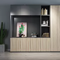 Modern Light Wooden Bookcase Design With Open Shelves Cabinets Books And Green Plants