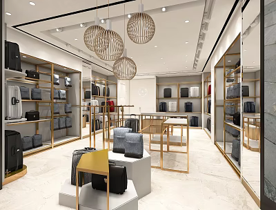 Elegant Luxury Bag Store Interior With Wooden Pendant Lights Glass Shelves And Displayed Bags 3d model