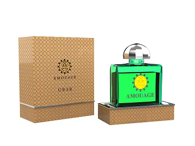 AMOUAGE Uban Perfume With Green Bottle Silver Cap And Sun Logo In Brown Checkered Box 3d model