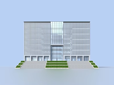 Modern Office Building With Glass Curtain Wall And Front Steps And Green Lawn 3d model