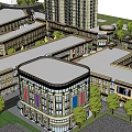 Modern High Rise Residential Buildings With Low Rise Commercial Area Green Trees And Curved Road