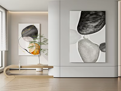 Abstract Paintings In Modern Living Room With Black White Gray Geometric Shapes And Minimalist Design 3d model