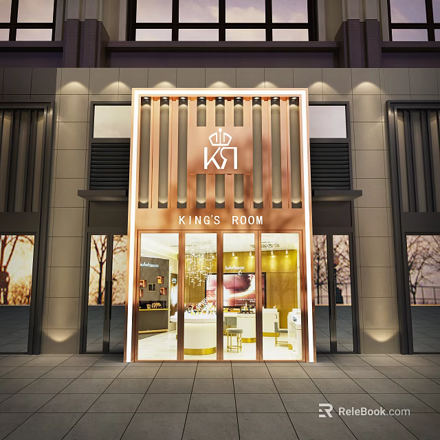 KINGS ROOM Storefront with Golden Vertical Grille Glass Doors and Illuminated Modern Design 3d model 