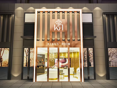 KINGS ROOM Storefront with Golden Vertical Grille Glass Doors and Illuminated Modern Design 3d model