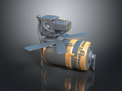 Gray and Yellow Mechanical Device Featuring Fan Blades and Cylindrical Structure 3d model