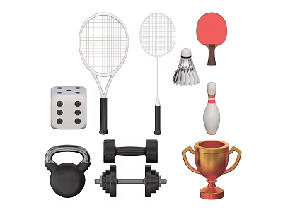 Various Sports Equipment Including Tennis Badminton Rackets Dumbbells Kettlebell Trophy Bowling Pin And Shuttlecock 3d model