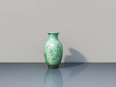 Green Ceramic Vase with Intricate Floral Patterns on Gray Table and Light Gray Wall 3d model