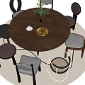 Round Dining Table Set With Various Design Chairs Fruit Platter And Flower Vase 3d model