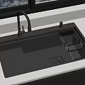 Black Double Bowl Kitchen Sink With Faucet Drainer Rack On White Countertop By Window